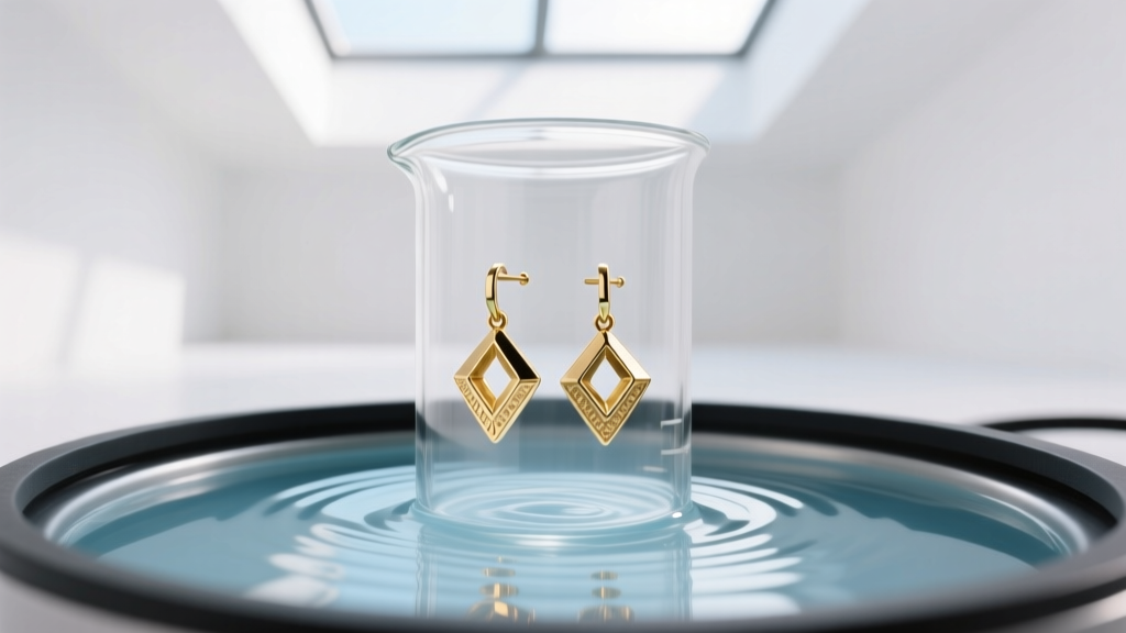 Glass beaker in an ultrasonic cleaner vibrating to deep clean 18k gold and titanium nose earrings submerged in warm soapy water.