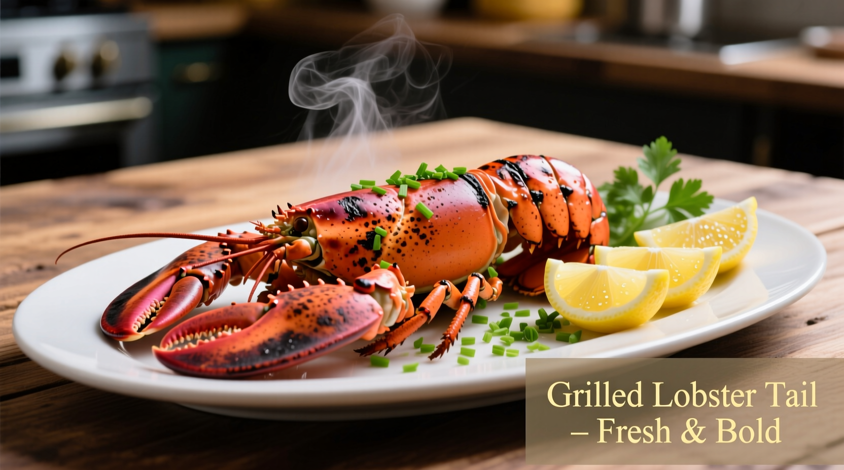 Grilled lobster tails with lemon wedges and herbs