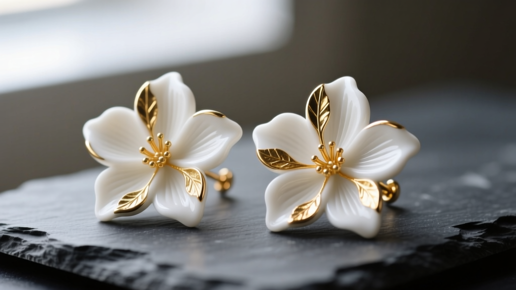 Close-up of white polymer clay flower earrings with gold leaf accents on dark slate under soft natural light.