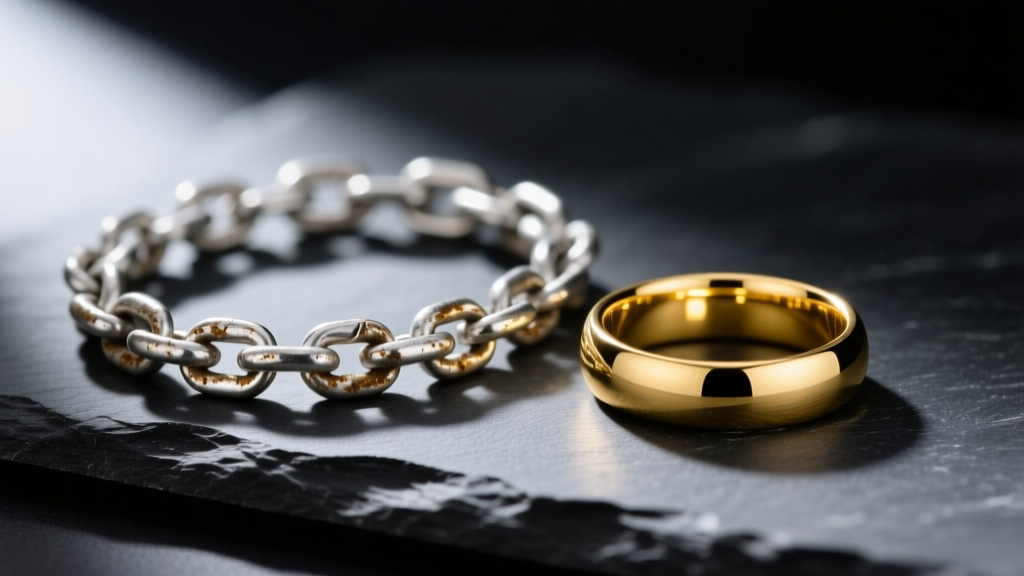 Tarnished sterling silver chain and a polished 18k yellow gold wedding band resting side-by-side on a dark slate surface.