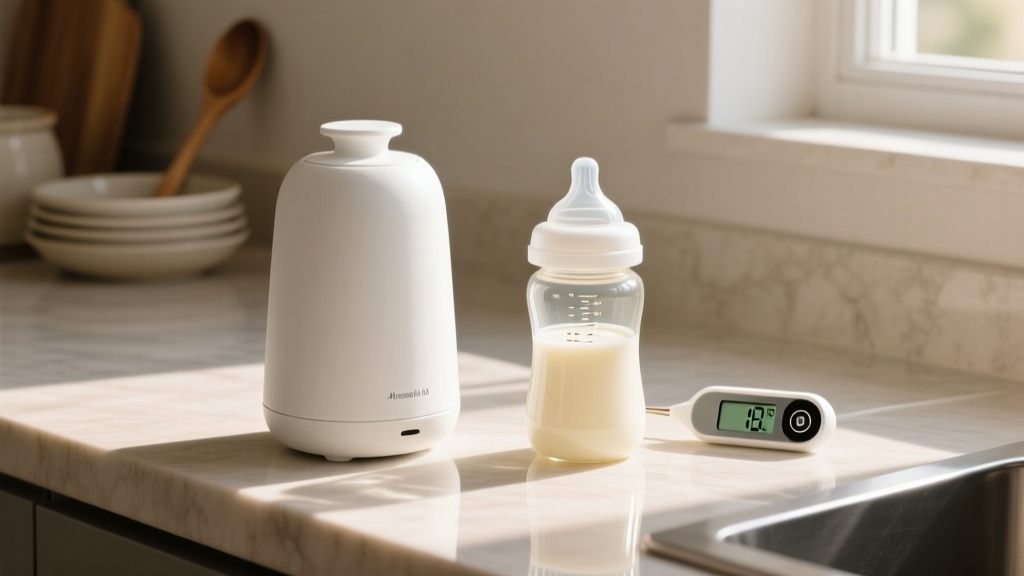 A sleek white portable bottle warmer sitting on a kitchen counter next to a glass baby bottle and a digital thermometer.