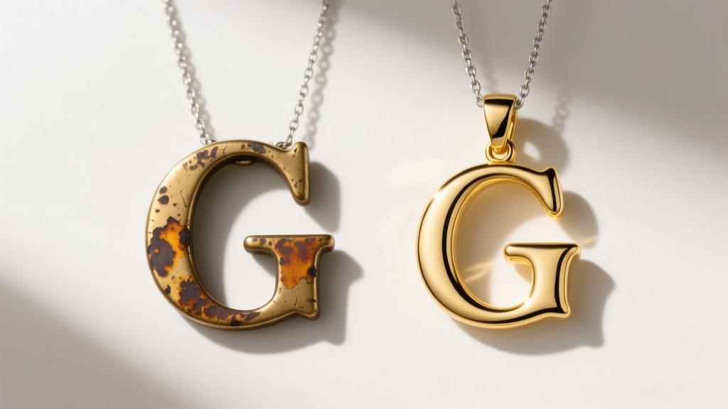 Side-by-side view of a tarnished brass initial G necklace and a pristine 18k gold vermeil G pendant under bright studio lighting