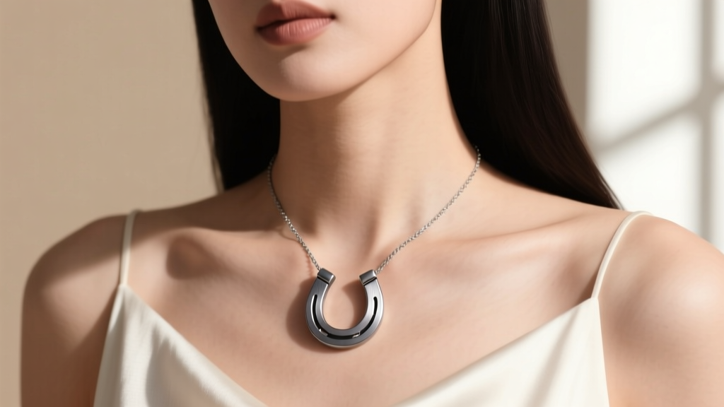 Grade 5 titanium horseshoe pendant necklace worn on a model, showcasing the cool grey tone and matte brushed finish of the metal.