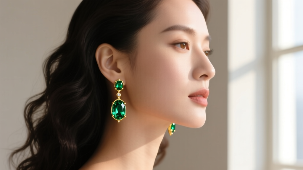 Side profile of a woman wearing gold and emerald drop earrings, showing how the gemstone catches light against her jawline