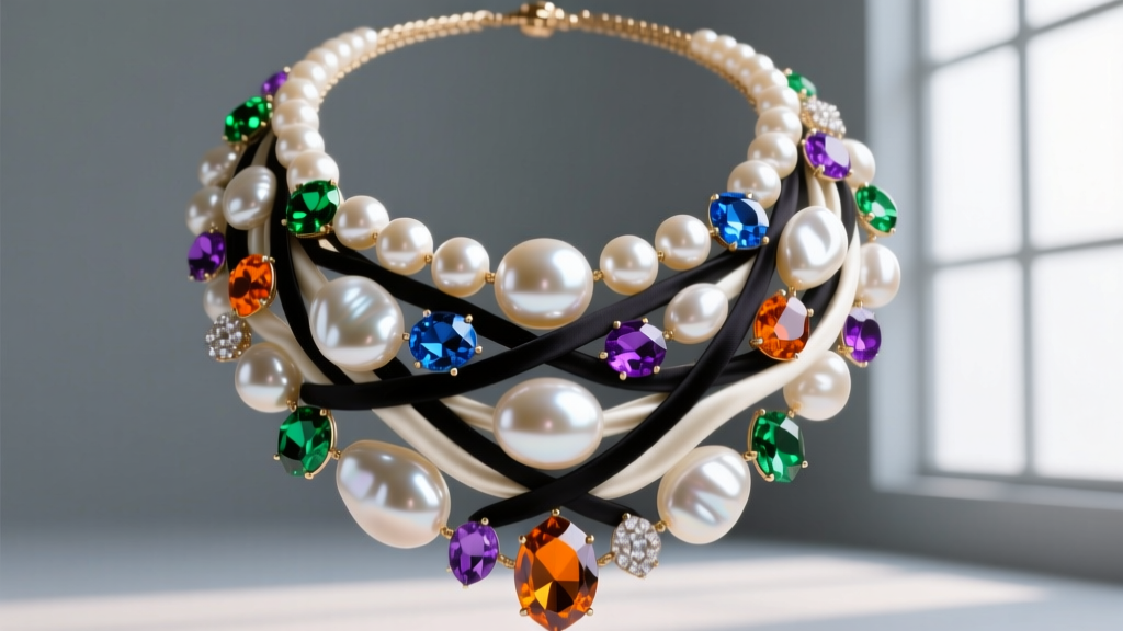 Close-up of a maximalist Mignonne Gavigan style necklace featuring baroque pearls and colorful Swarovski crystals on silk thread.