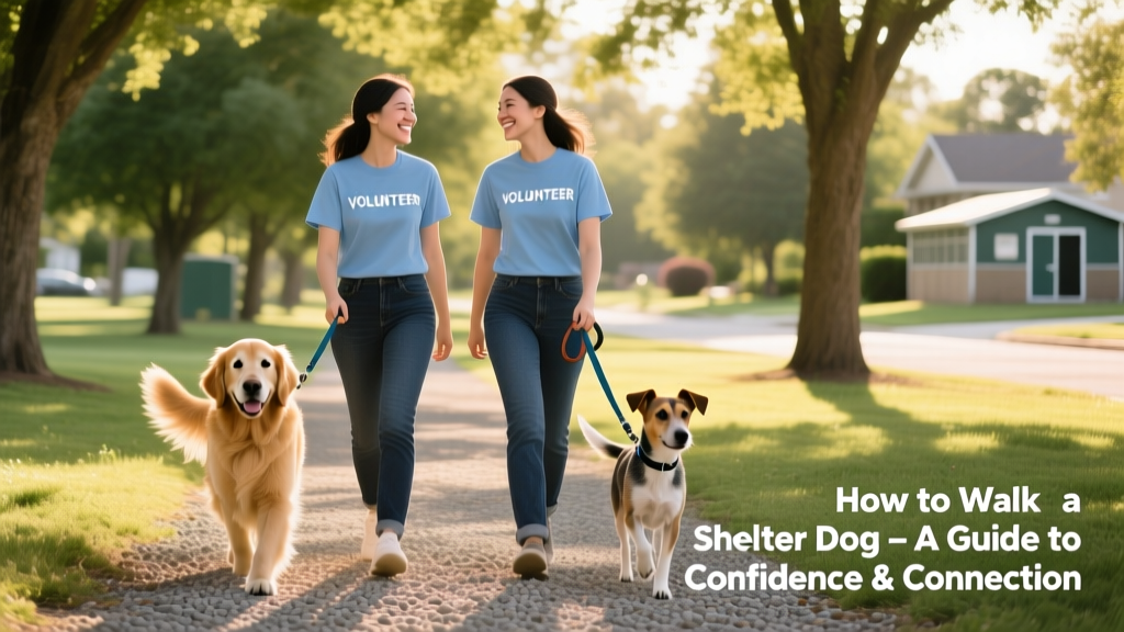 Two volunteers smiling as they walk different shelter dogs side-by-side on a tree-lined path