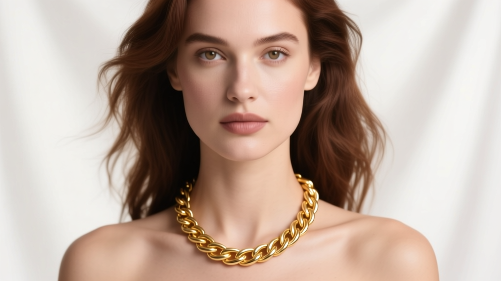 Woman wearing an 18-inch 14k gold cable chain necklace resting on her collarbone, illuminated by soft studio lighting.