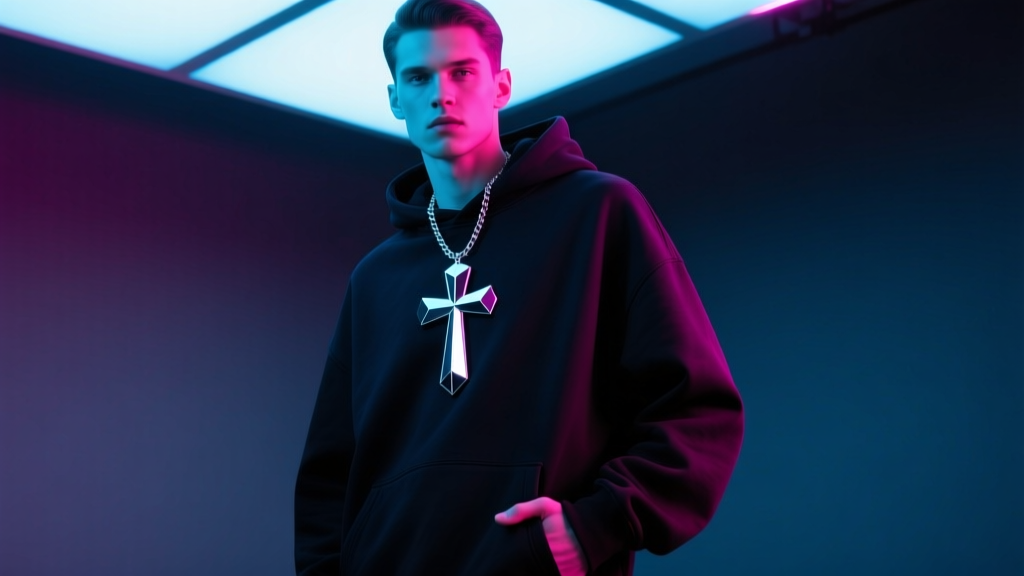 Male model wearing a black oversized hoodie and thick silver geometric cross necklace, photographed in a moody neon-lit studios.