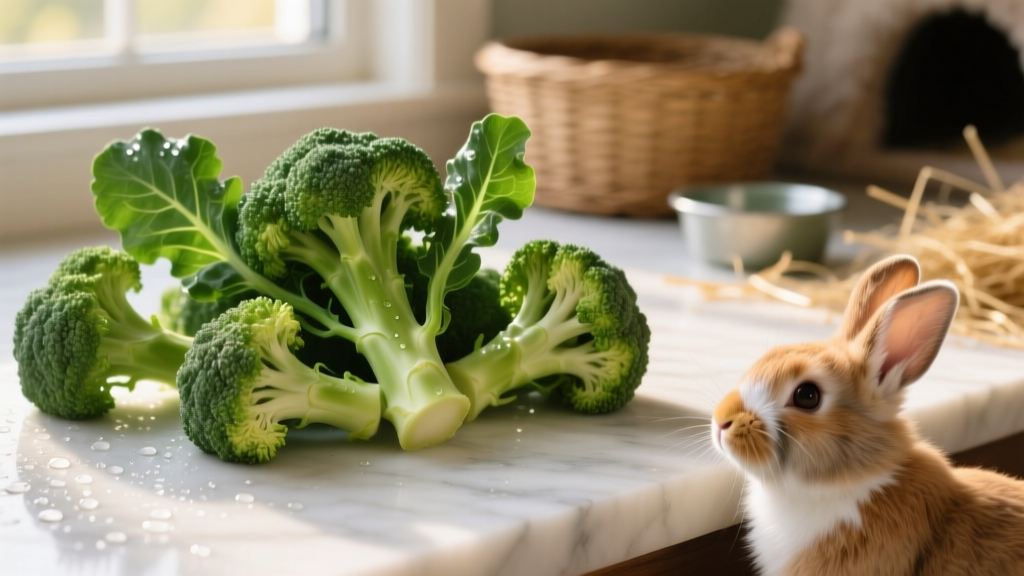 Close-up of fresh raw broccoli florets and leaves on a clean surface