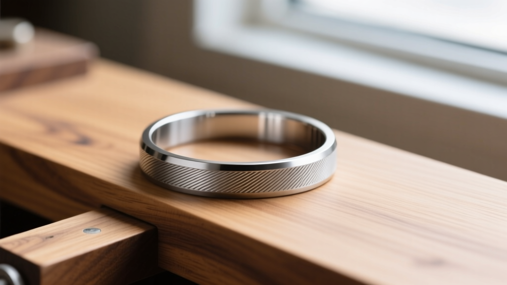 Side profile of a brushed titanium bracelet showing surface textures on a wooden jeweler's workbench next to polishing tools.