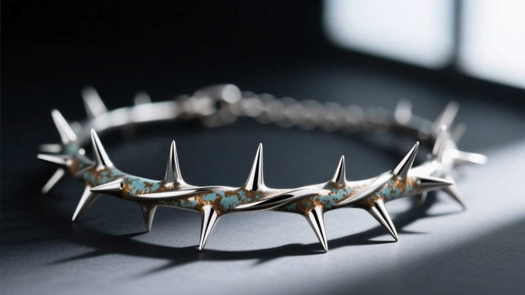 Macro shot of an oxidized silver thorn necklace, showing blunted, polished metal tips against a softly blurred dark background.
