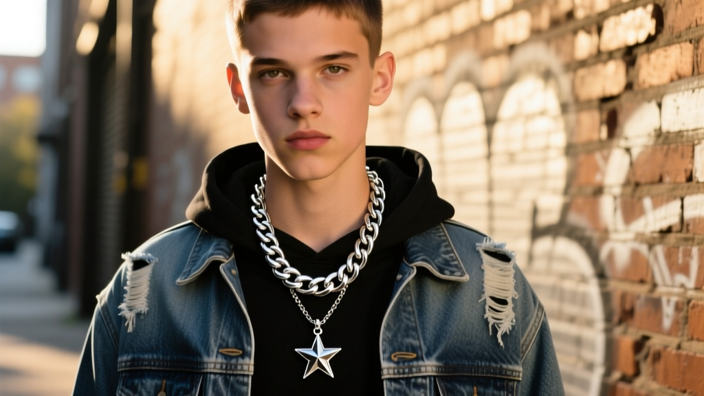 Streetwear portrait of a model layering a thick silver Cuban chain with a Dragon Radar pendant and a 4-star dragon ball necklace.