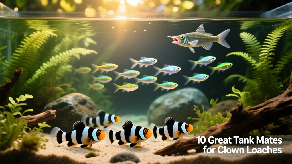A mixed-species community tank featuring clown loaches near the bottom, rasboras in the mid-water, and hatchetfish near the surface