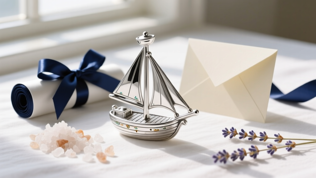 Flat lay gift presentation of a sterling silver sailor's knot pendant on a box chain, surrounded by dried eucalyptus and ribbon