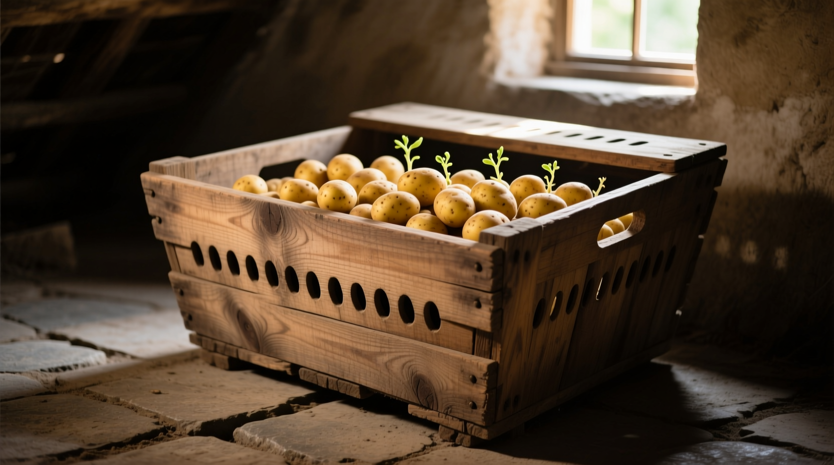 Wooden potato storage bin with ventilation holes