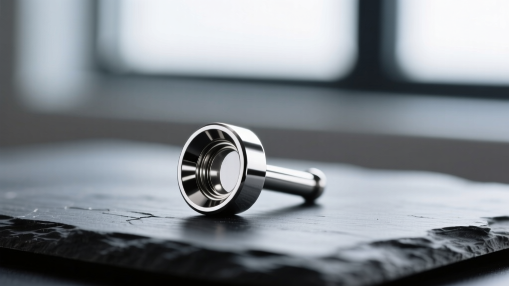 Extreme macro photography of an ASTM F-136 titanium labret stud with a mirror-polished finish, resting on a dark slate surface.