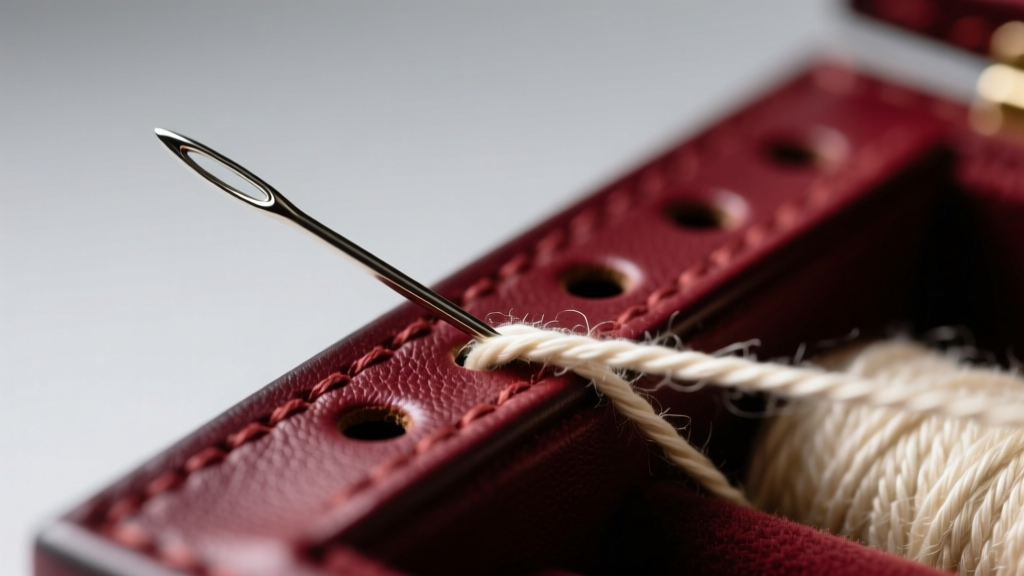 Macro shot of a harness needle pulling thick waxed linen thread through pre-punched holes in burgundy leather jewelry box casing