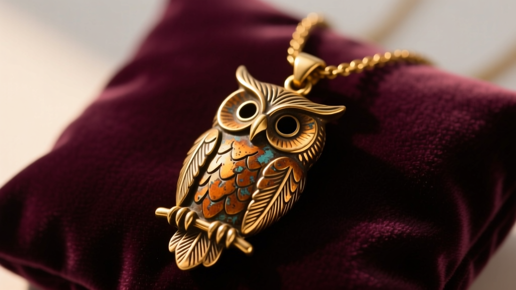 Tarnished brass owl vintage necklace pendant on velvet, showing detailed feathers and oxidized crevices under warm studio light.