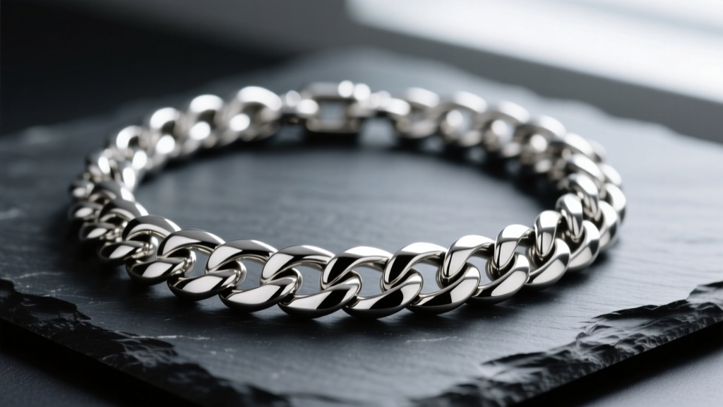 Close-up of a thick 10mm sterling silver Cuban link necklace on dark slate, showing interlocking links and a high polish finish.