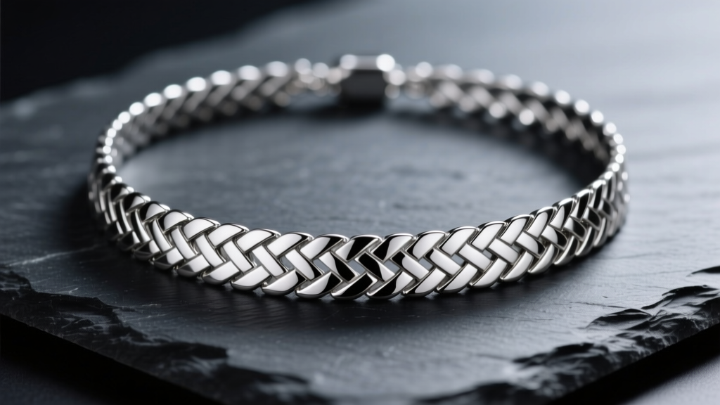 Silver herringbone necklace on dark slate, showing the flat metal weave and mirror polish under soft studio lighting.