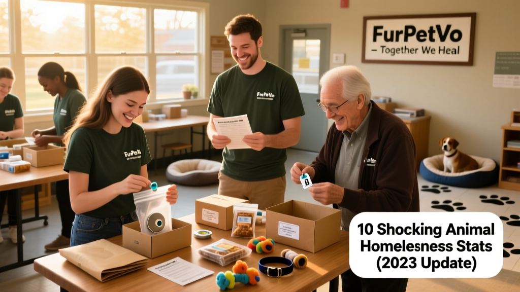 A volunteer team preparing adoption kits—including microchips, vaccination records, and starter supplies—for newly matched pets at a FurPetVo partner shelter