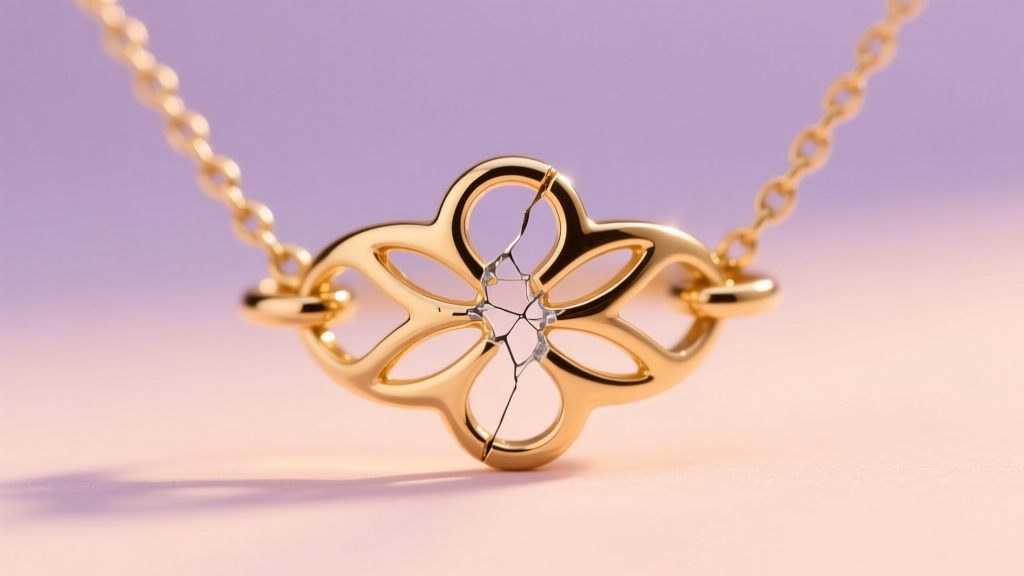 Macro shot of a broken 14k gold line-art necklace bail showing a stress fracture point against a softly blurred pastel background.