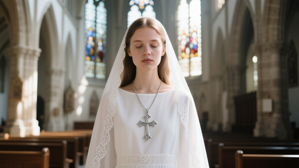 A young woman wearing a delicate 16-inch sterling silver Chi Rho necklace over a white baptismal gown in a bright, sunlit church.