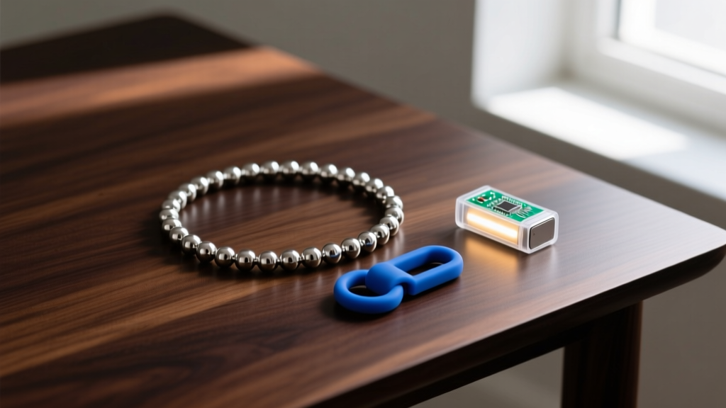 Flat lay of jewelry supplies: steel ball chain, silicone breakaway clasp, and battery-powered LED module on a dark wood table.