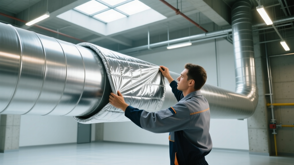 Worker installing silver silicone-coated insulated material fabric blanket over a large commercial HVAC duct in a mechanical room
