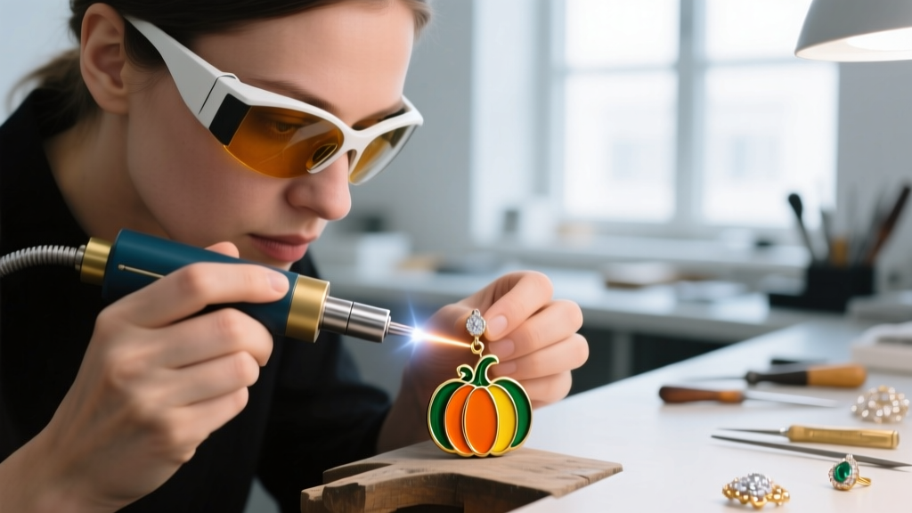 Jeweler using a laser welder to reattach a small enameled pumpkin charm to an 18-gauge titanium post, wearing safety magnifiers.