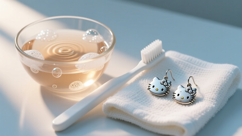 Glass bowl of warm soapy water beside a soft-bristled toothbrush and a pair of tarnished silver Hello Kitty drop earrings on a towel.