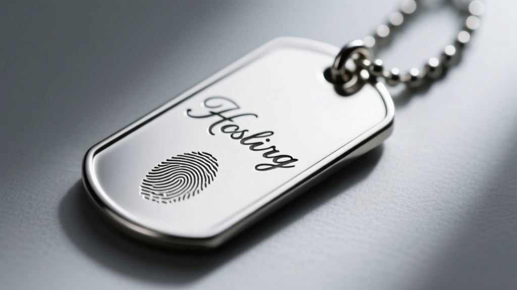 Macro view of a laser-engraved silver dog tag showing custom cursive text and a tiny fingerprint etched directly into the metal.