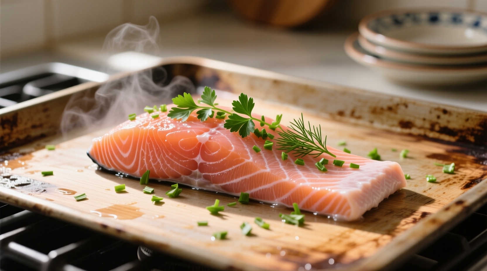 Fresh salmon fillet with herbs on baking sheet