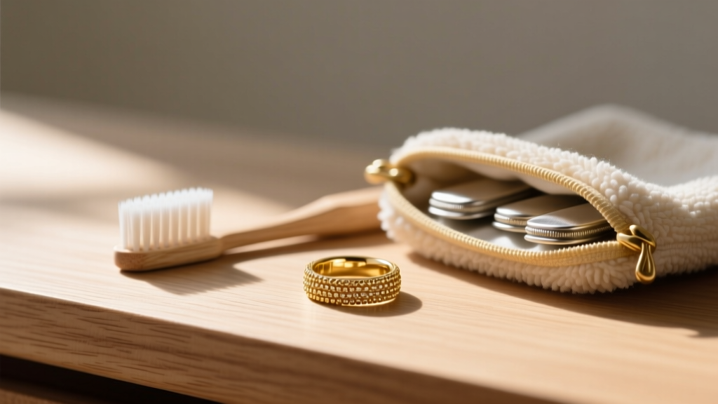 Soft toothbrush, microfiber cloth, and anti-tarnish pouches arranged beside an 18k gold granulation ring on light oak wood.