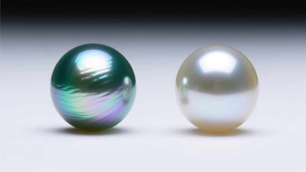 Side-by-side view of a natural aquamarine Tahitian pearl and a glass imitation, highlighting differences in luster and depth.