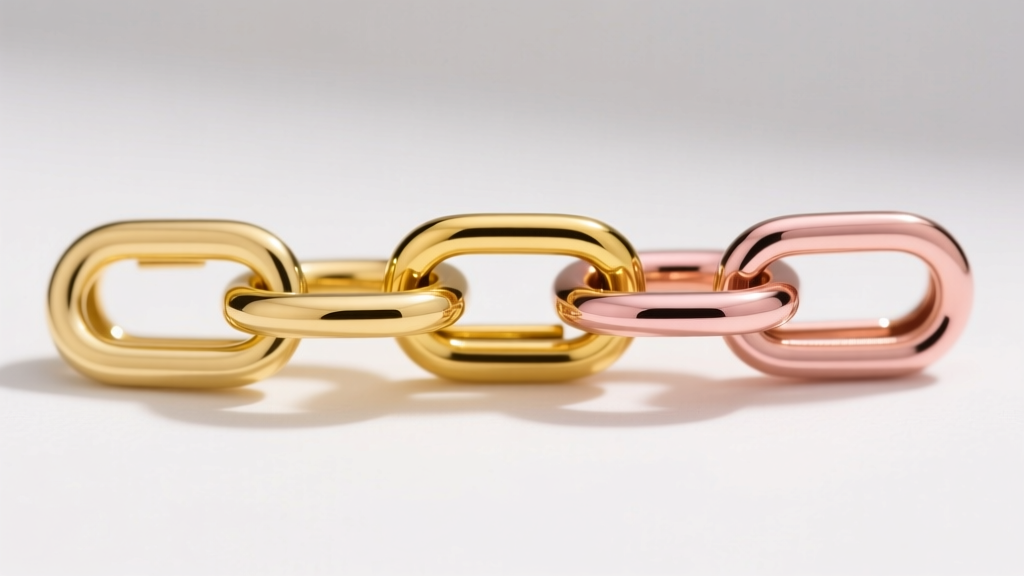 Macro photography of three gold paperclip chain links showing 14k pale yellow, 18k rich yellow, and rose gold metal variations.