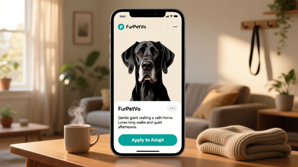 Screenshot-style mockup of a FurPetVo profile page featuring a Great Dane's photo, bio, and 'Apply to Adopt' button