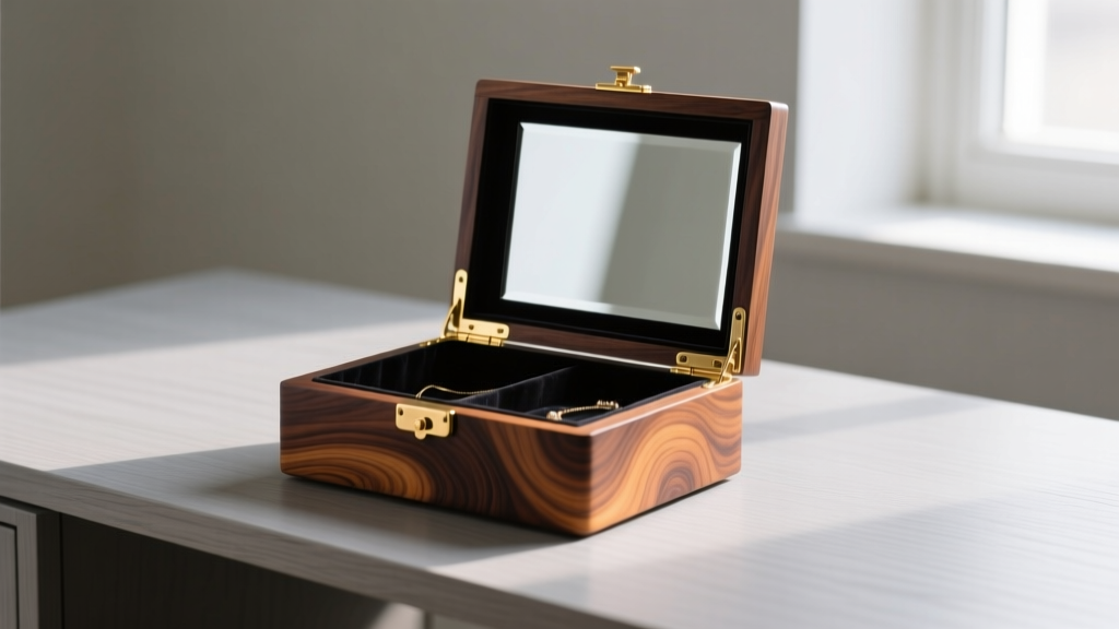 Burl wood stand up jewelry box with mirror on a desk, highlighting intricate wood grain, brass hinges, and dark velvet interior.