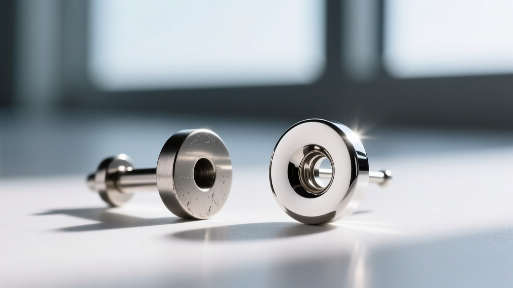 Macro photography comparing dull surgical steel earring post with highly polished implant-grade titanium flat-back labret earring