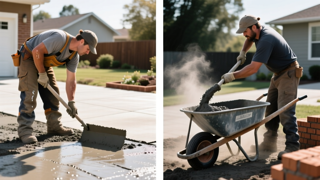 Split scene: worker troweling wet concrete driveway on left, mixing pure cement mortar for bricklaying on right