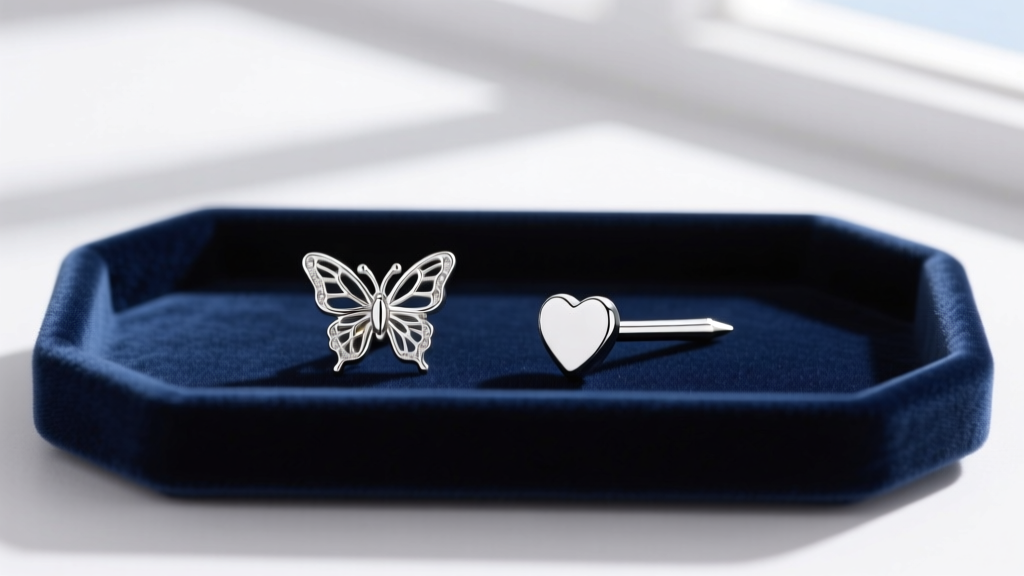 Side-by-side comparison of a silver heart stud with a butterfly backing and one with a flat-back labret post on a velvet tray
