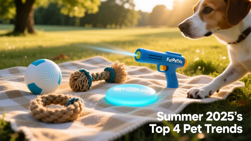 A variety of FurPetVo outdoor toys arranged on a picnic blanket: floating ball, textured tug, glow disc, and blue fetch launcher
