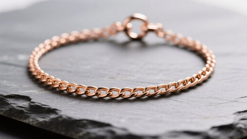 Macro shot of a 14k rose gold Gabriella Rose necklace on slate, showing micro-cable chain links and a polished spring ring clasp.