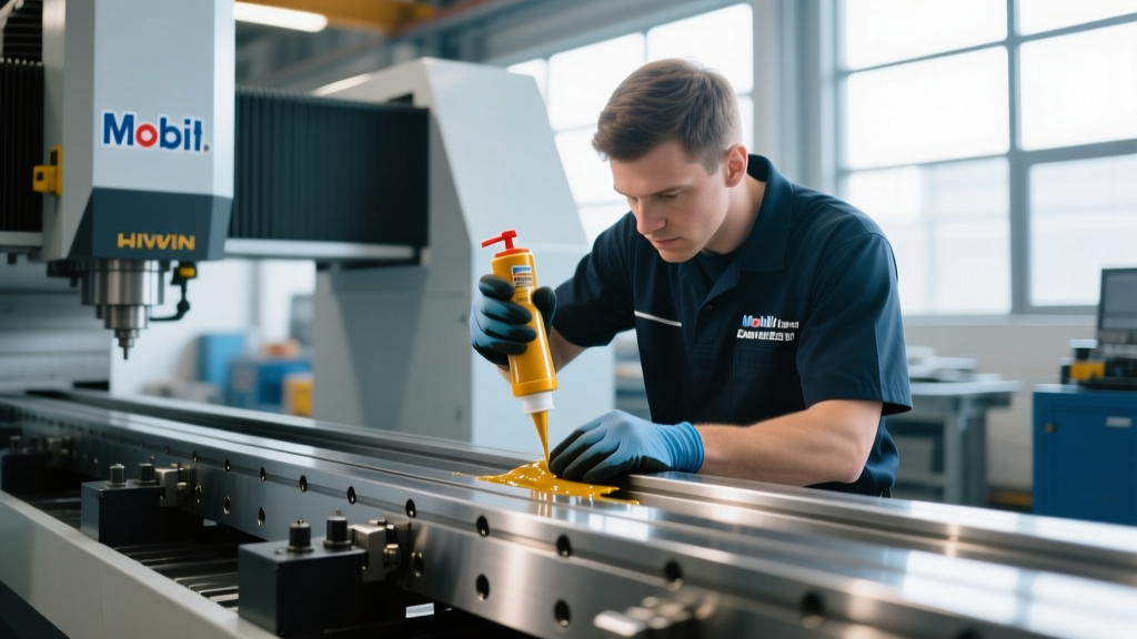 Close-up of a technician applying Mobilith SHC 220 grease to the Hiwin linear rails of a Laguna Revo CNC machine gantry