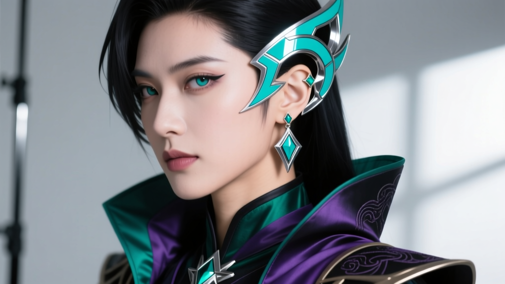 Turquoise and silver Zora ear cuffs wrapping around a cosplayer