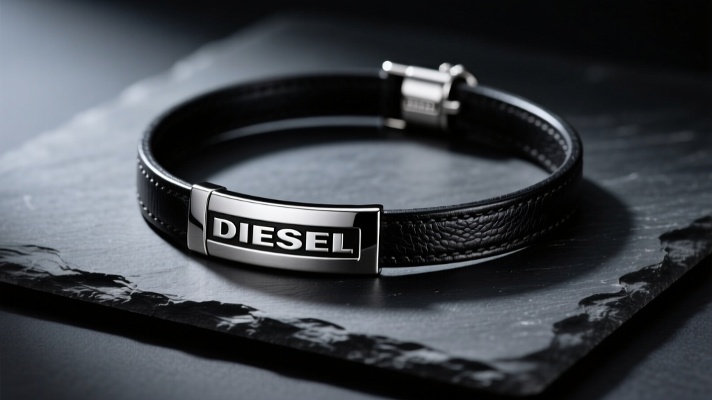 Close-up of a mens stainless steel and black leather Diesel necklace resting on a dark slate surface under moody studio lighting