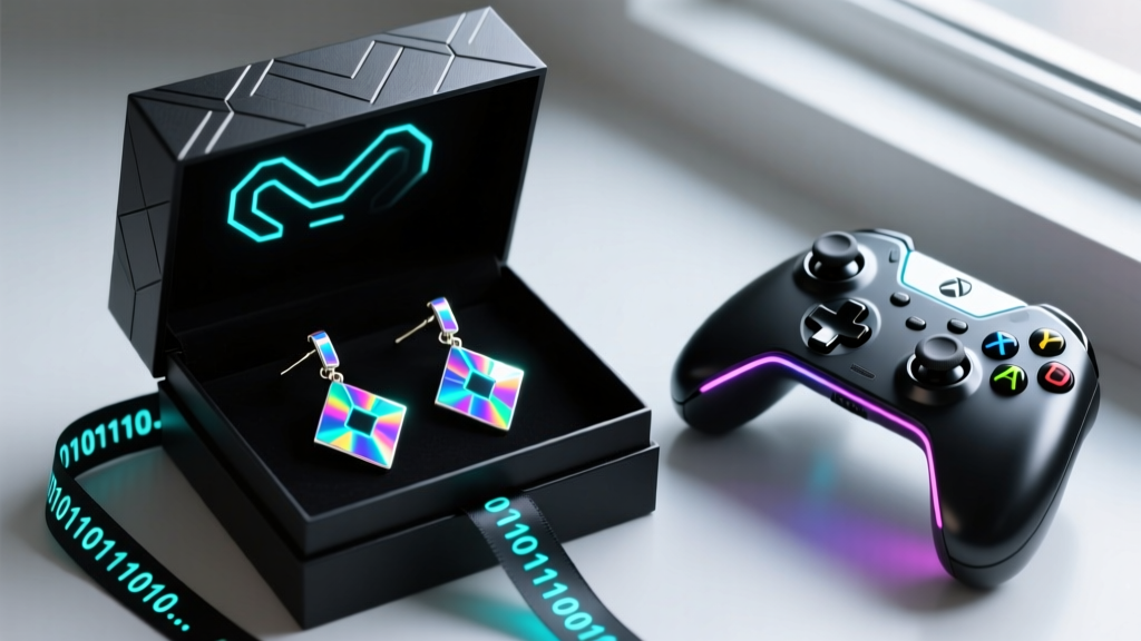 Cyberpunk glitch earrings packaged in a sleek black magnetic gift box with binary code ribbon, placed next to a gaming controller