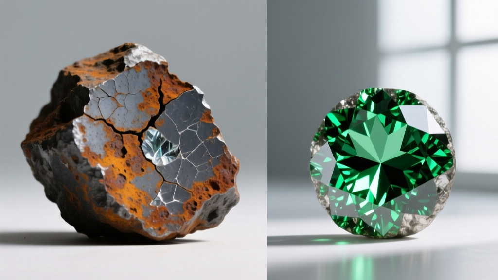 Side-by-side macro comparison of a rusted unsealed iron meteorite slice next to a pristine, nano-coated pallasite space gemstone.