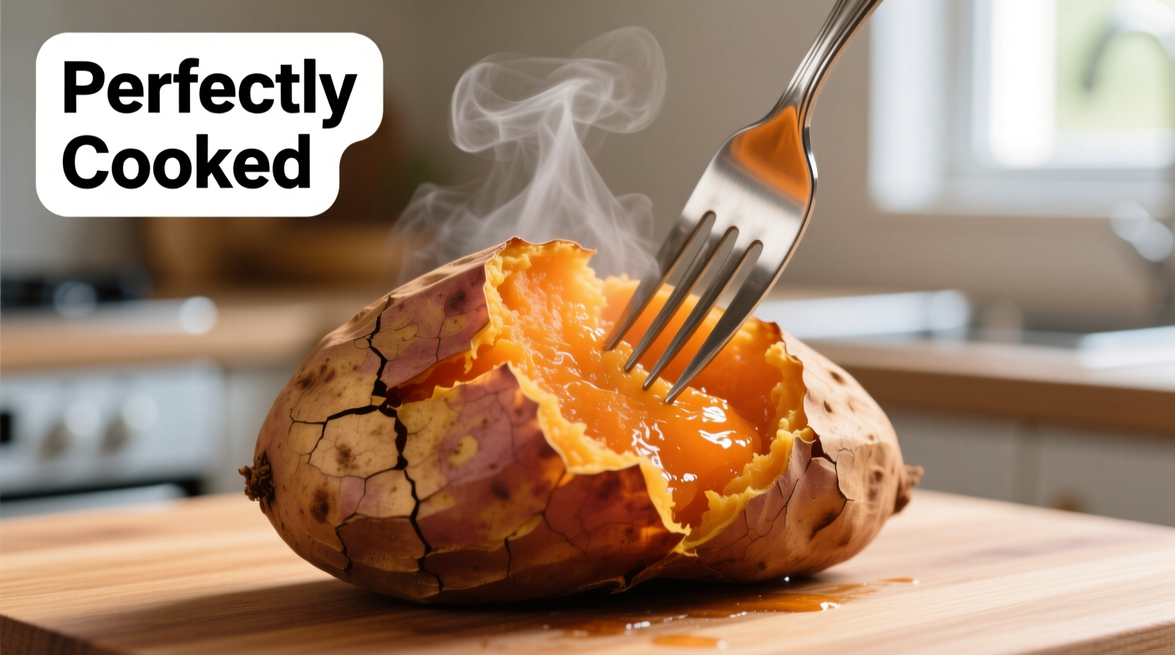 Perfectly cooked microwave sweet potato with fork