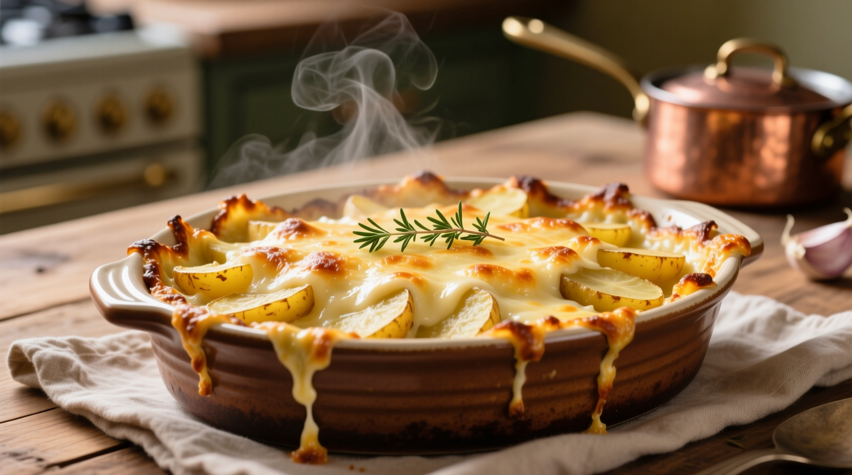 Golden brown potato gratin with melted cheese topping